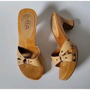 Vintage MIA Slide Sandals 5 Beige Leather Studded Wood Platform Heel Y2K Retro